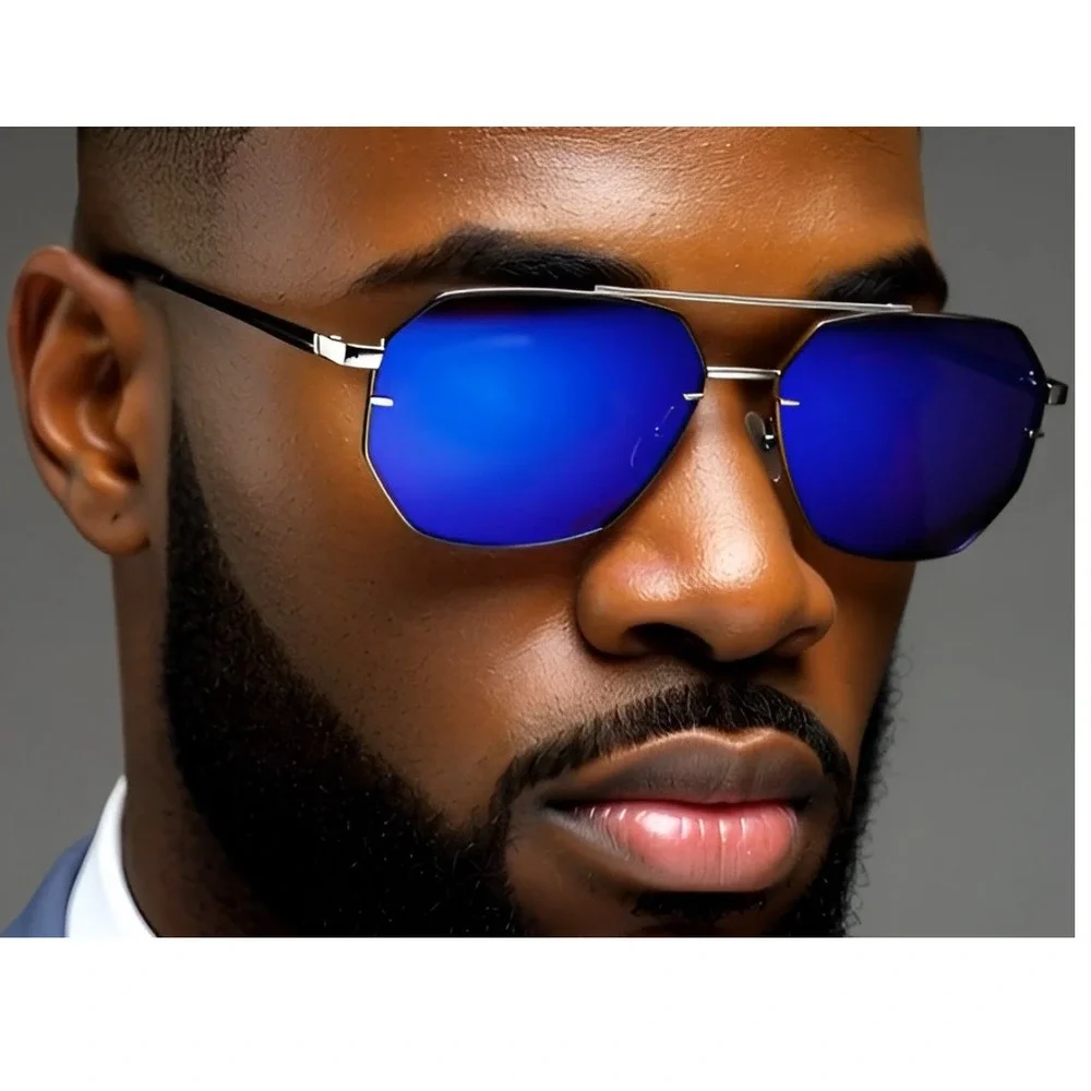 Blue Mirror Flat Lens Sunglasses Gold Frame UV400‎ Protection Men Shades Gafas